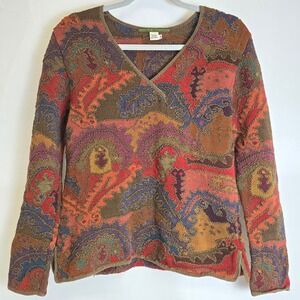 Peruvian Connection Tapestry Knit Pima Cotton V-Neck Sweater, Boho Paisley, S